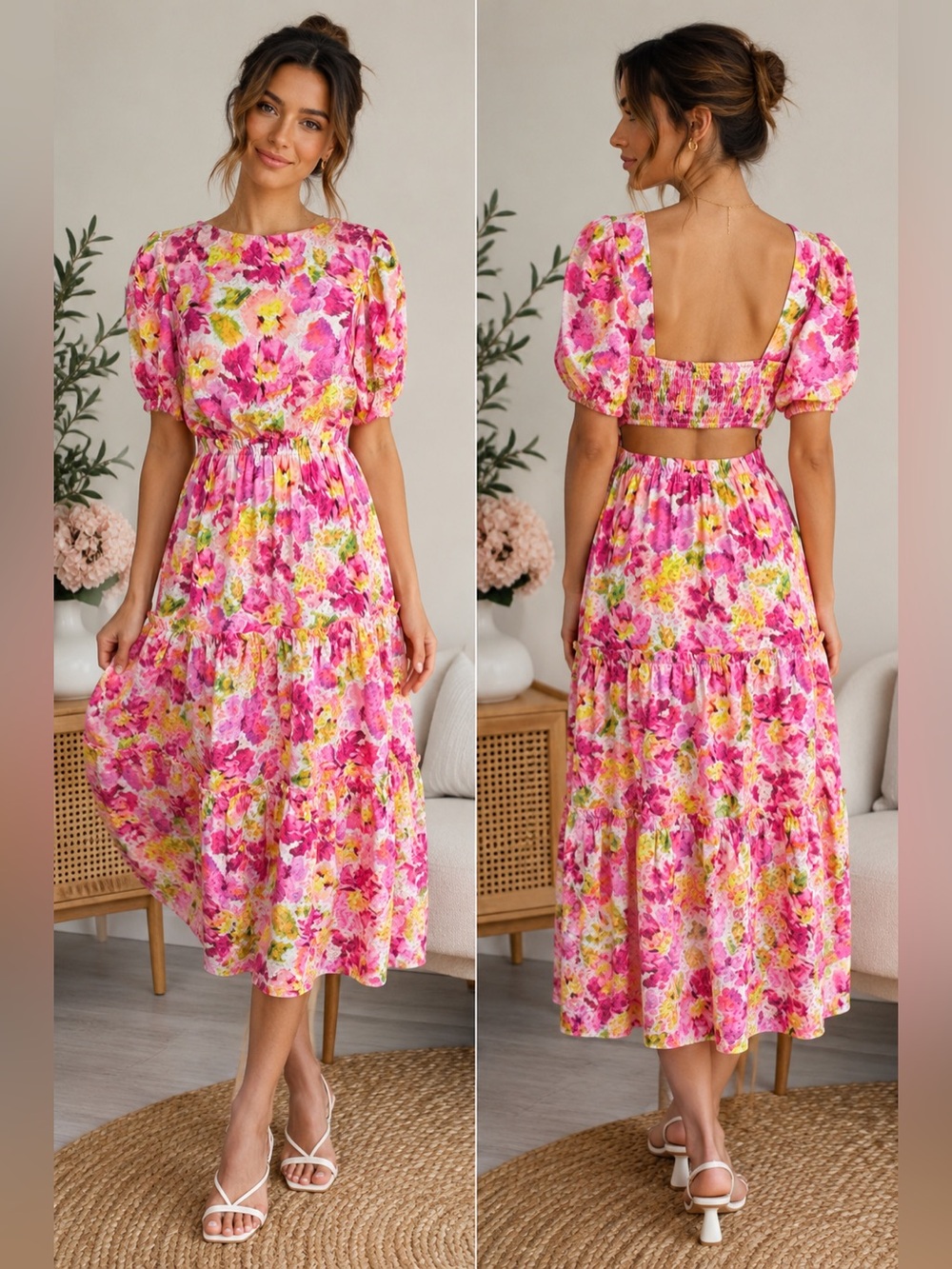 Adelyn Rae Pink Floral Open Back Puff Sleeve Midi Dress M